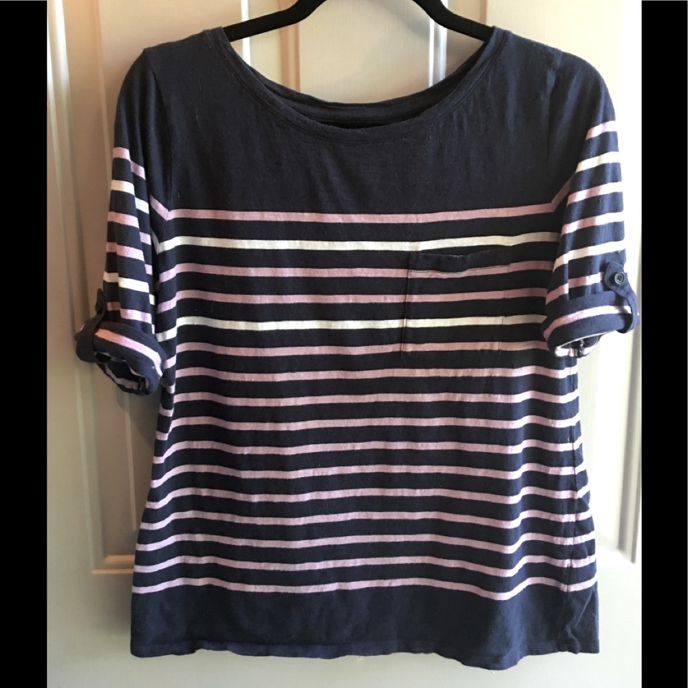 Navy & Pink ,Short Sleeve w/ 💗&🤍 Stripes